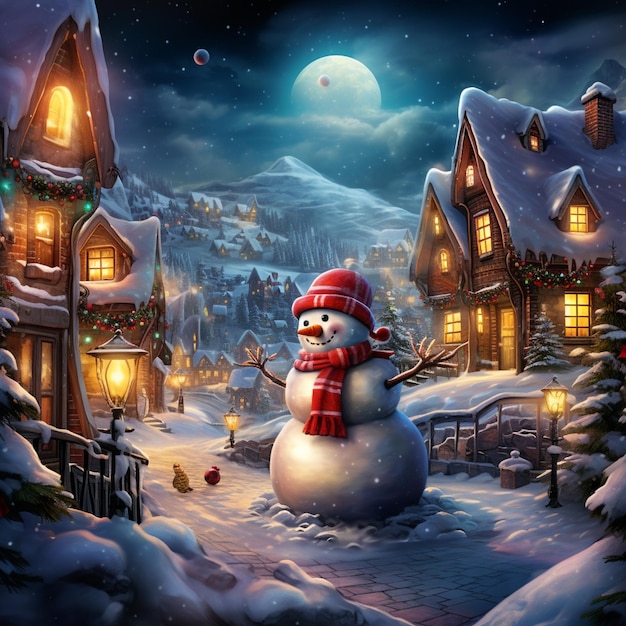 scena notturna innevata con un pupazzo di neve in un villaggio generativo ai