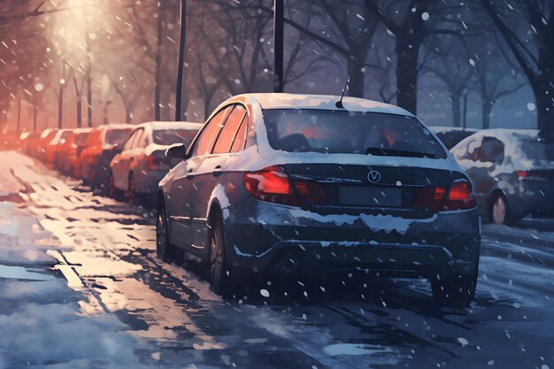 Scena notturna invernale con auto parcheggiate su Snowy Street sotto i lampioni Generative AI