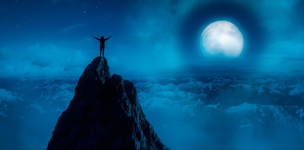 Scena notturna magica in natura Paesaggio di montagna con una grande luna in cielo