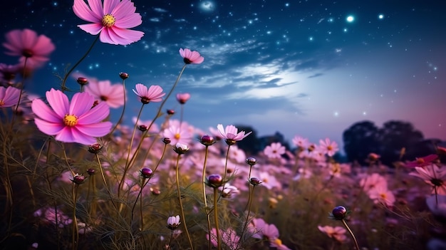 Scena notturna romanticaBellissimo fiore rosa in fiore in Generative ai
