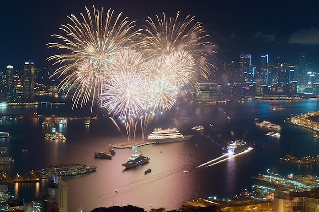 Scena notturna urbana sotto i colorati fuochi d'artificio Foto libere