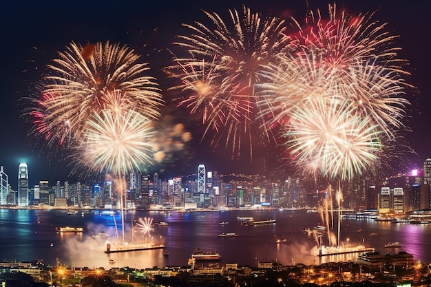 Scena notturna urbana sotto i colorati fuochi d'artificio Foto libere