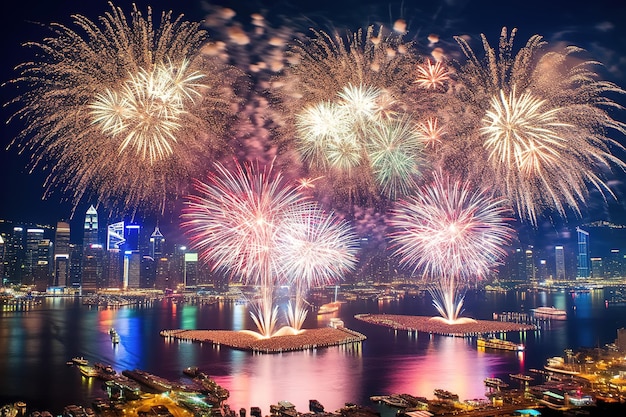 Scena notturna urbana sotto i colorati fuochi d'artificio Foto libere