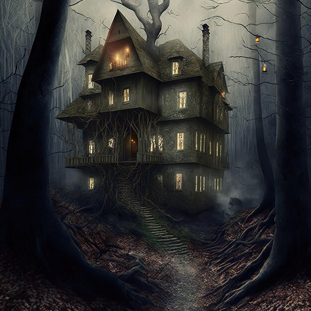 Scena oscura con atmosfera mistica nebbiolina umore scuro e spaventoso con una casa nel bosco nuvole scure e illustrazione del cielo per l'uso in film, giochi e libri