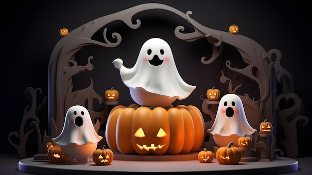 Scena oscura di Halloween con un simpatico fantasma bianco e un'illustrazione di rendering 3D di zucche