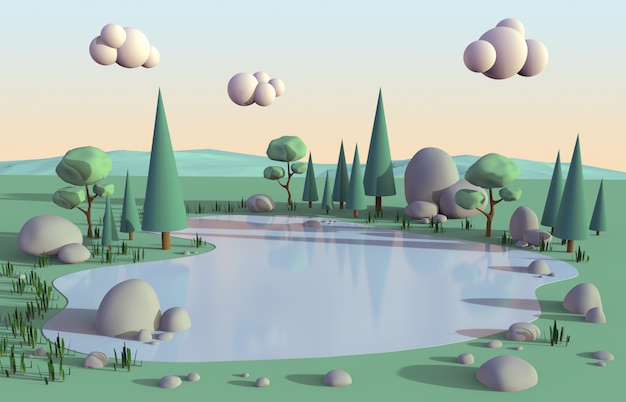 Scena pacifica isometrica del poli lago basso circondata dalle nature degli alberi e clound sul colore dolce di tramonto del cielo per fondo, illustrazione 3D.