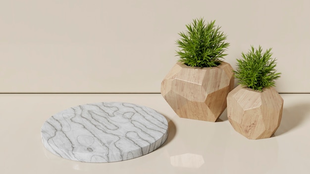 Scena per prodotto con cilindro in marmo e due piante con vaso in legno