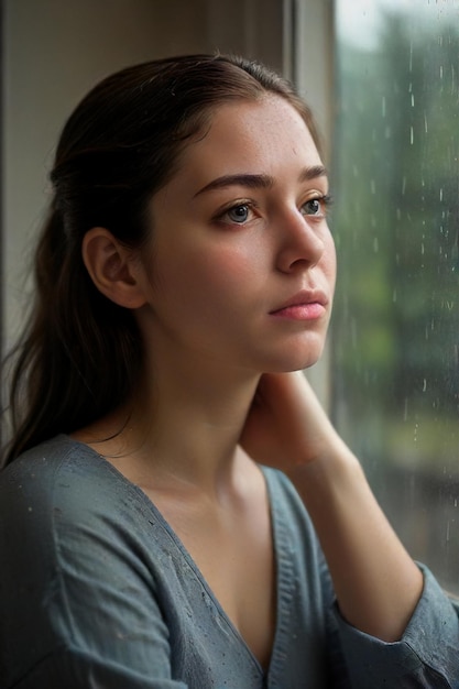 Scena piovosa triste Ritratto espressivo di una donna triste accanto alla finestra generato dall'AI