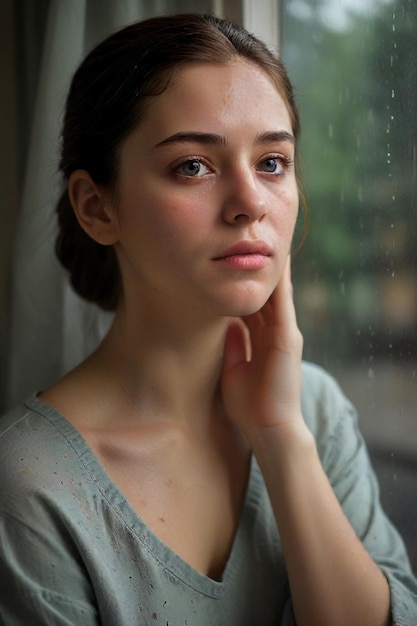 Scena piovosa triste Ritratto espressivo di una donna triste accanto alla finestra generato dall'AI
