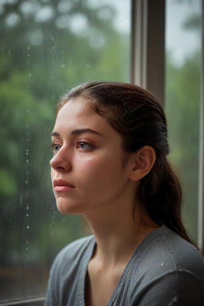 Scena piovosa triste Ritratto espressivo di una donna triste accanto alla finestra generato dall'AI