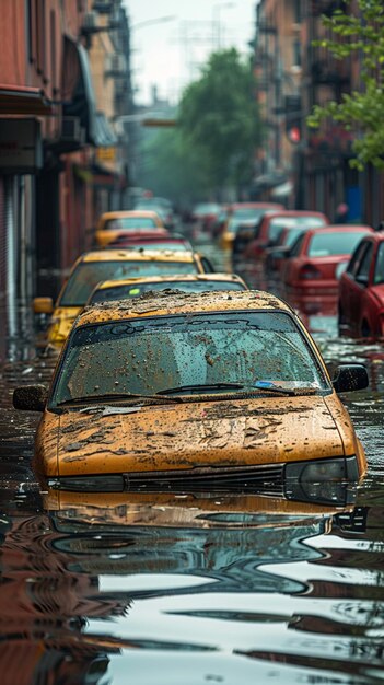 Scena post-inondazione Strade urbane piene di veicoli sommersi Carta da parati mobile verticale