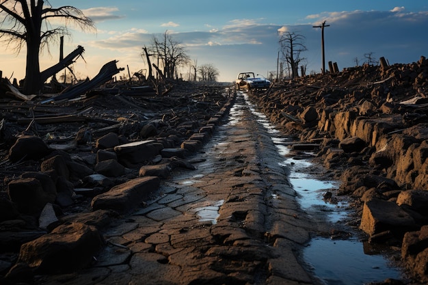 Scena postciclone Devastazione su strade, ponti ed edifici IA generativa