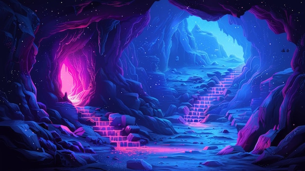 Scena realistica in stile cartone animato con carta da parati sullo sfondo che mostra ciò che accade nella grotta buia