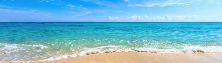 Foto scena rilassante sulla spiaggia con onde dolci e un cielo blu limpido