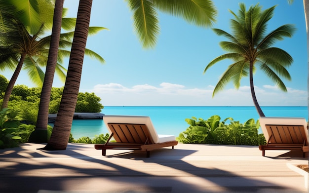 Scena rilassante sulla spiaggia con sedie a sdraio, ombrellone e piante tropicali