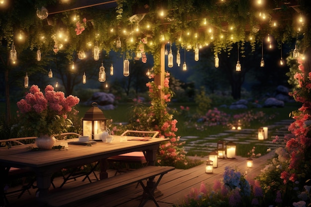 Scena romantica di giardino serale con luci di fate il 00535 01