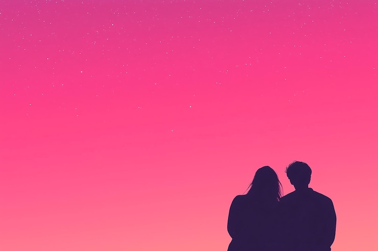 Scena romantica di una coppia in silhouette contro un cielo rosa vibrante