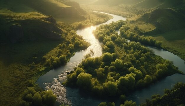 Scena rurale tranquilla con foreste verdi e catene montuose generate dall'intelligenza artificiale