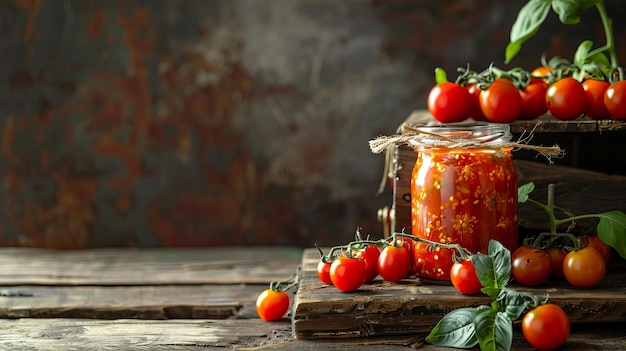 Scena rustica barattolo di salsa di pomodoro pomodori freschi sulla vite e foglie di basilico su una superficie di legno Copia spazio