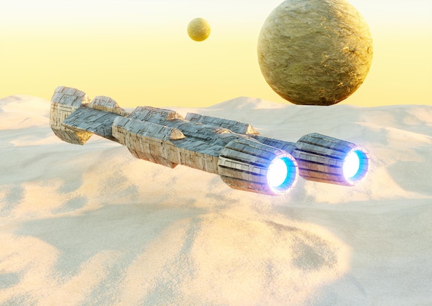 Scena Scifi astronave che sorvola il pianeta deserto Nave in un paesaggio futuristico