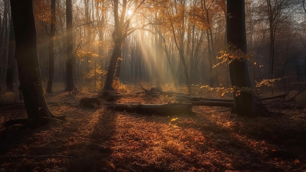 Scena sconcertante di un bosco accumulato nel tempo con i raggi del sole che entrano attraverso i rami generati dall'IA