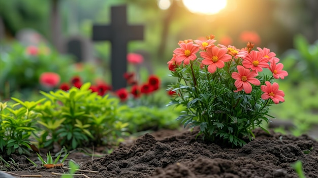 Scena serena del cimitero con fiori e croci rosa vibranti