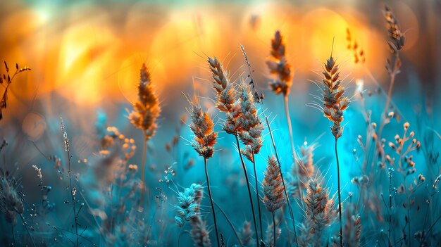 Scena serena della natura con bellissimo tramonto e fiori selvatici atmosfera serena del campo sfondo per il rilassamento e la pace AI