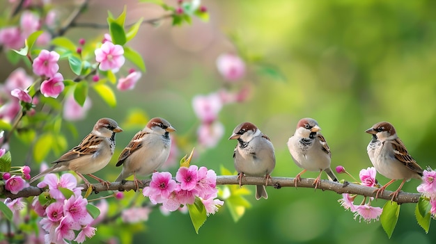 Scena serena della natura con cinque passeri appoggiati su un ramo in fiore Fotografia pacifica della fauna selvatica Bellezza primaverile nella natura AI