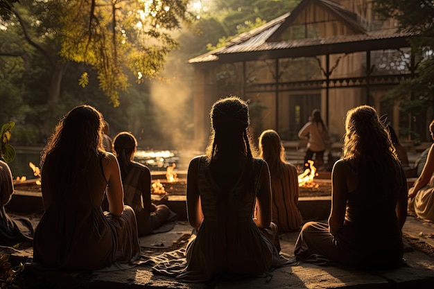 Scena serena di praticanti di yoga all'alba avvolti nella natura generativa IA