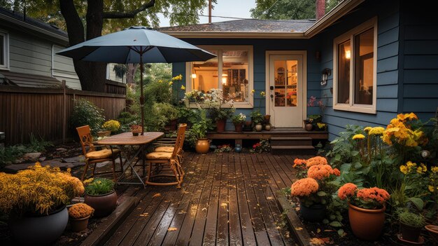 Scena serena dopo la pioggia con patio di legno pioggia baciata flora lussureggiante ambiente tranquillo abbracciato da una luce morbida in un giardino curato cortile posteriore casa un posto per rilassarsi riunirsi e sedersi