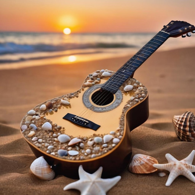 Scena serena sulla spiaggia con una chitarra appoggiata sulla sabbia