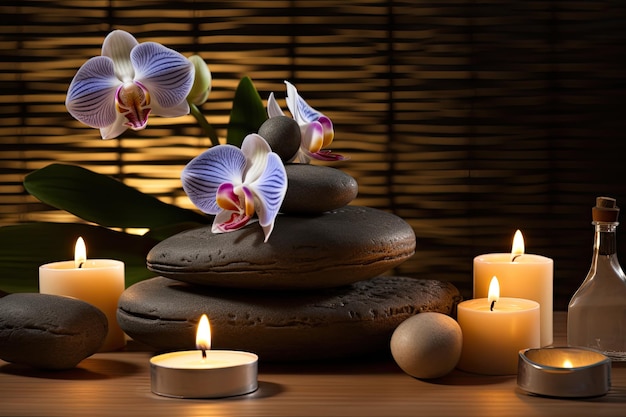 Scena spa con pietre serene candele tremolanti ed elegante rappresentazione dell'orchidea