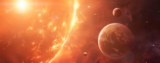 Scena spaziale magica con tre pianeti in orbita attorno a un sole radiante