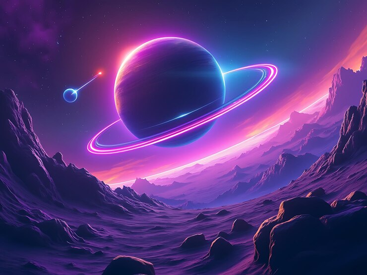 Foto scena spaziale vibrante con pianeta al neon e anelli luminosi scifi digital art