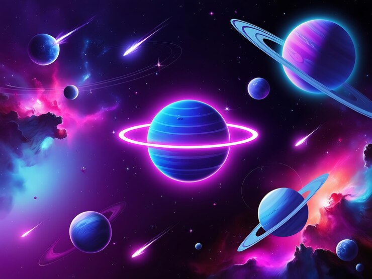 Foto scena spaziale vibrante con pianeta al neon e anelli luminosi scifi digital art