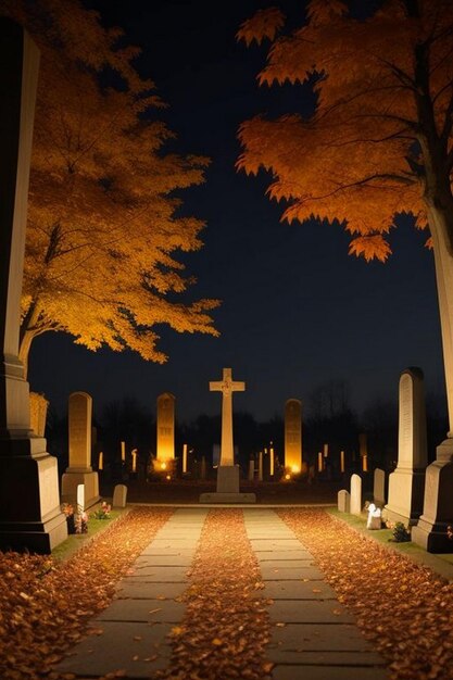 Scena spettrale della notte di Halloween in un cimitero con pipistrelli e luna sullo sfondo