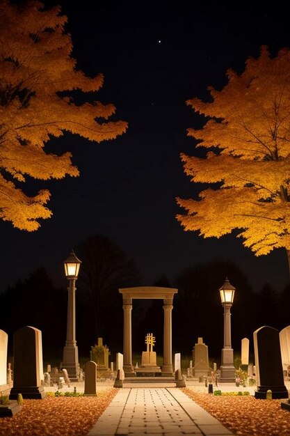 Scena spettrale della notte di Halloween in un cimitero con pipistrelli e luna sullo sfondo