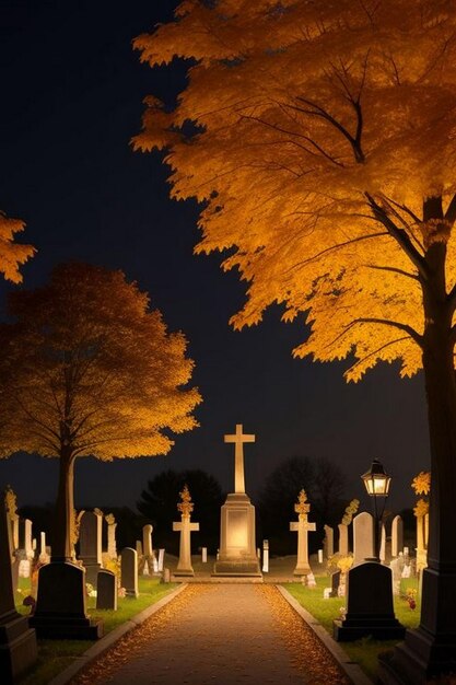 Scena spettrale della notte di Halloween in un cimitero con pipistrelli e luna sullo sfondo