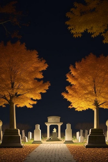 Scena spettrale della notte di Halloween in un cimitero con pipistrelli e luna sullo sfondo