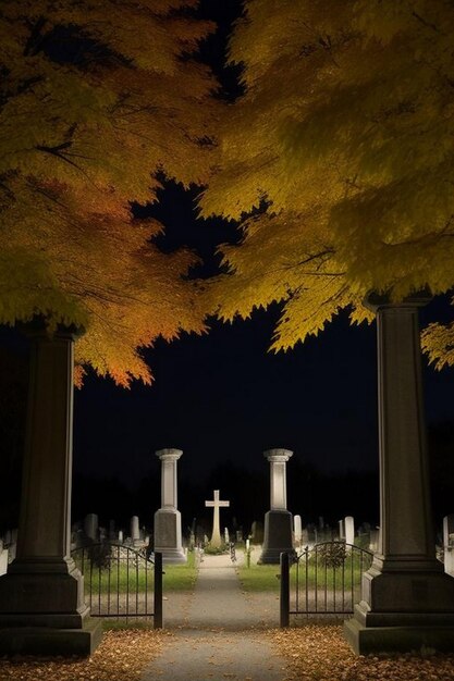 Scena spettrale della notte di Halloween in un cimitero con pipistrelli e luna sullo sfondo