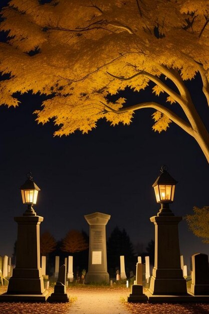 Scena spettrale della notte di Halloween in un cimitero con pipistrelli e luna sullo sfondo