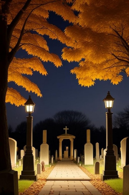 Scena spettrale della notte di Halloween in un cimitero con pipistrelli e luna sullo sfondo