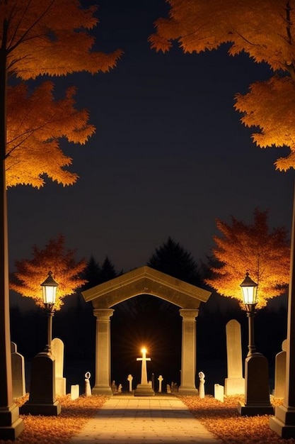 Scena spettrale della notte di Halloween in un cimitero con pipistrelli e luna sullo sfondo