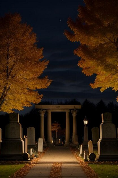 Scena spettrale della notte di Halloween in un cimitero con pipistrelli e luna sullo sfondo