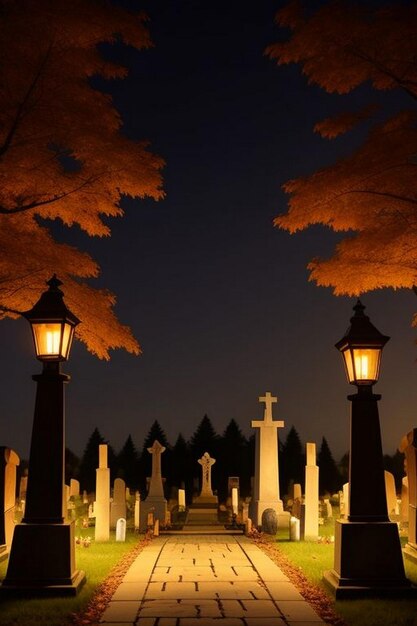 Scena spettrale della notte di Halloween in un cimitero con pipistrelli e luna sullo sfondo