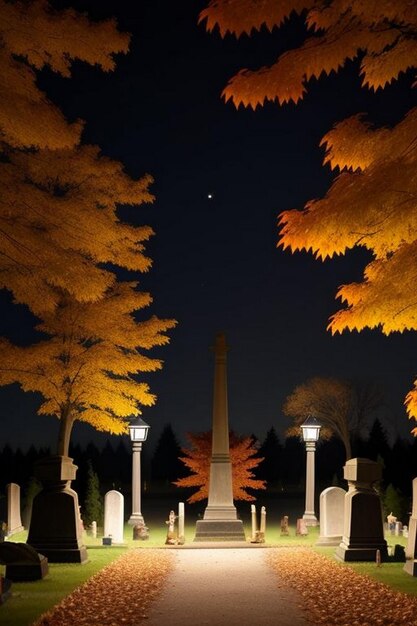 Scena spettrale della notte di Halloween in un cimitero con pipistrelli e luna sullo sfondo