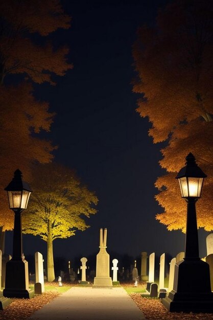 Scena spettrale della notte di Halloween in un cimitero con pipistrelli e luna sullo sfondo