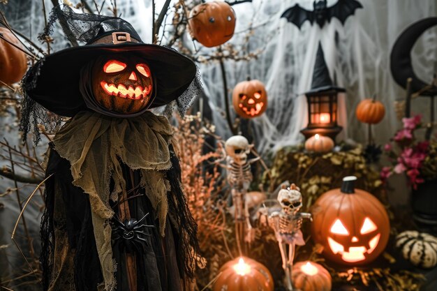 Scena spettrale di Halloween con decorazioni e costumi infestati Meravigliosa impostazione di Halloween adornata con decorazione e costume infestati