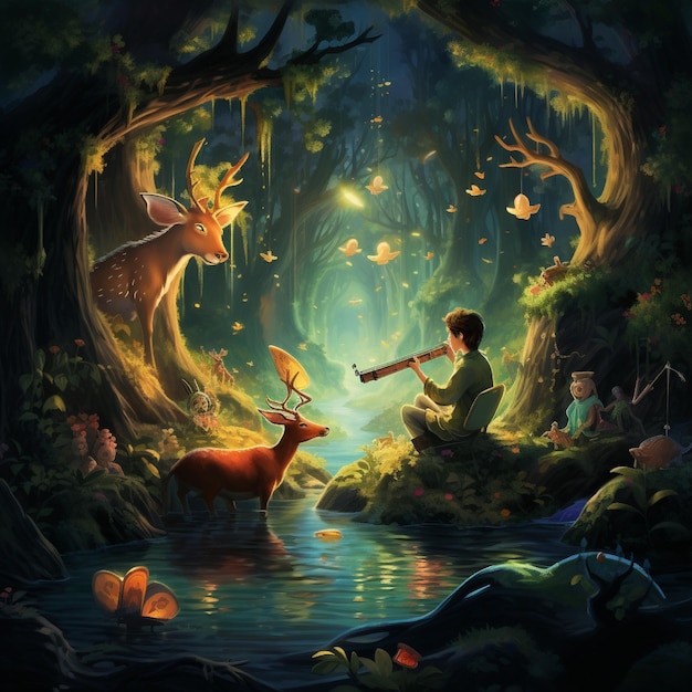 Scena stravagante della foresta con strumenti musicali e creature magiche