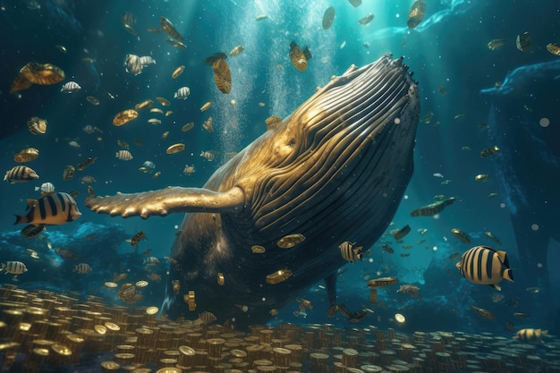 Scena subacquea con illustrazione di rendering 3D di balene e pesci Grande balena che mangia migliaia di monete d'oro di Bitcoin nell'oceano sott'acqua generato dall'intelligenza artificiale